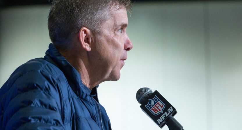 Feb 28, 2023; Indianapolis, IN, USA; Denver Broncos coach Sean Payton speaks to the press at the NFL Combine at Lucas Oil Stadium. Mandatory Credit: Trevor Ruszkowski-USA TODAY Sports