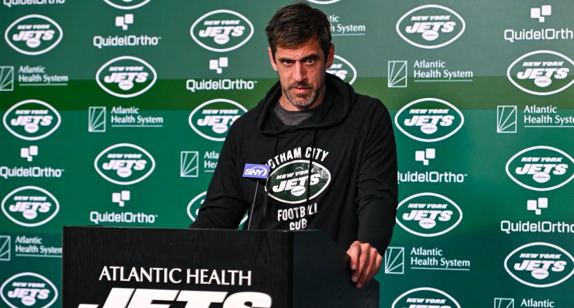 May 23, 2023; Florham Park, NJ, USA; New York Jets quarterback Aaron Rodgers (8) speaks at a press conference after practice at Atlantic Health Jets Training Center. Mandatory Credit: John Jones-USA TODAY Sports