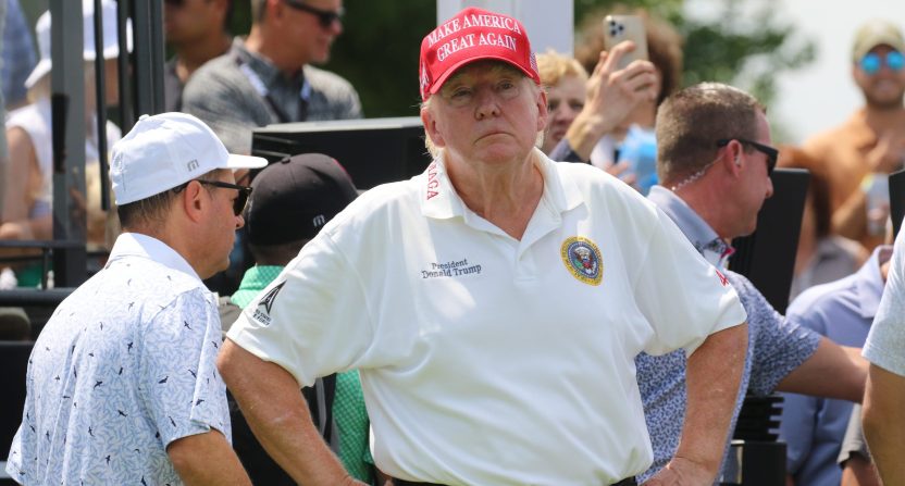 Bedminster, NJ August 11, 2023 -- Former President Donald Trump at the first tee before the opening round of the 2023 LIV Golf Tournament at Trump National in Bedminster, NJ on August 11, 2023.
