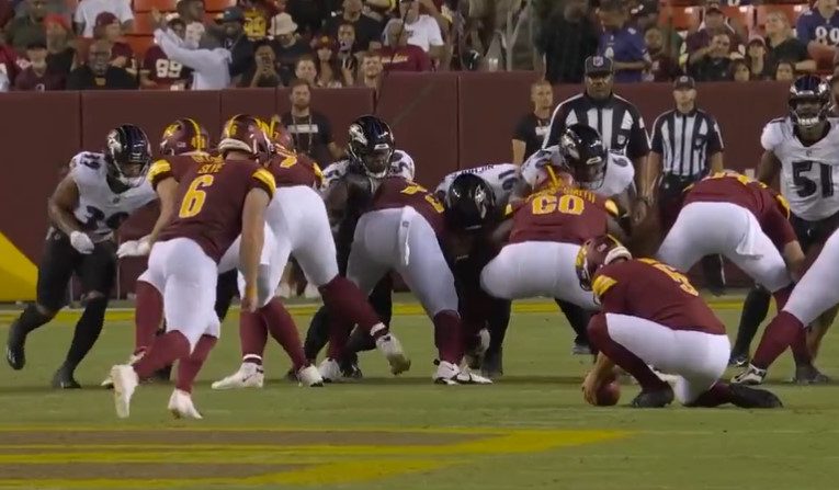 Commanders punter and holder Tress Way came saved a field goal on Monday, getting a ball down despite an awful snap. Photo Credit: ESPN