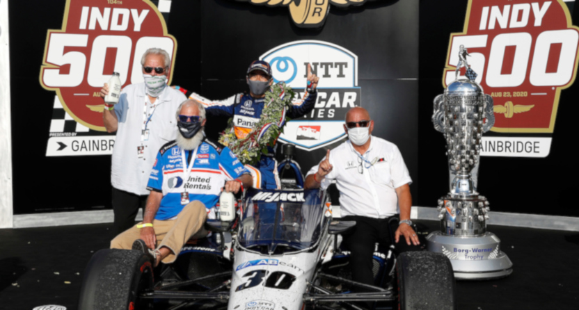 Mike Lanigan, David Letterman, Takuma Sato and Bobby Rahal with the #30 car at the 2020 Indianapolis 500.