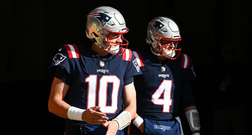 Massachusetts, USA; New England Patriots quarterback Mac Jones (10) and quarterback Bailey Zappe (4)
