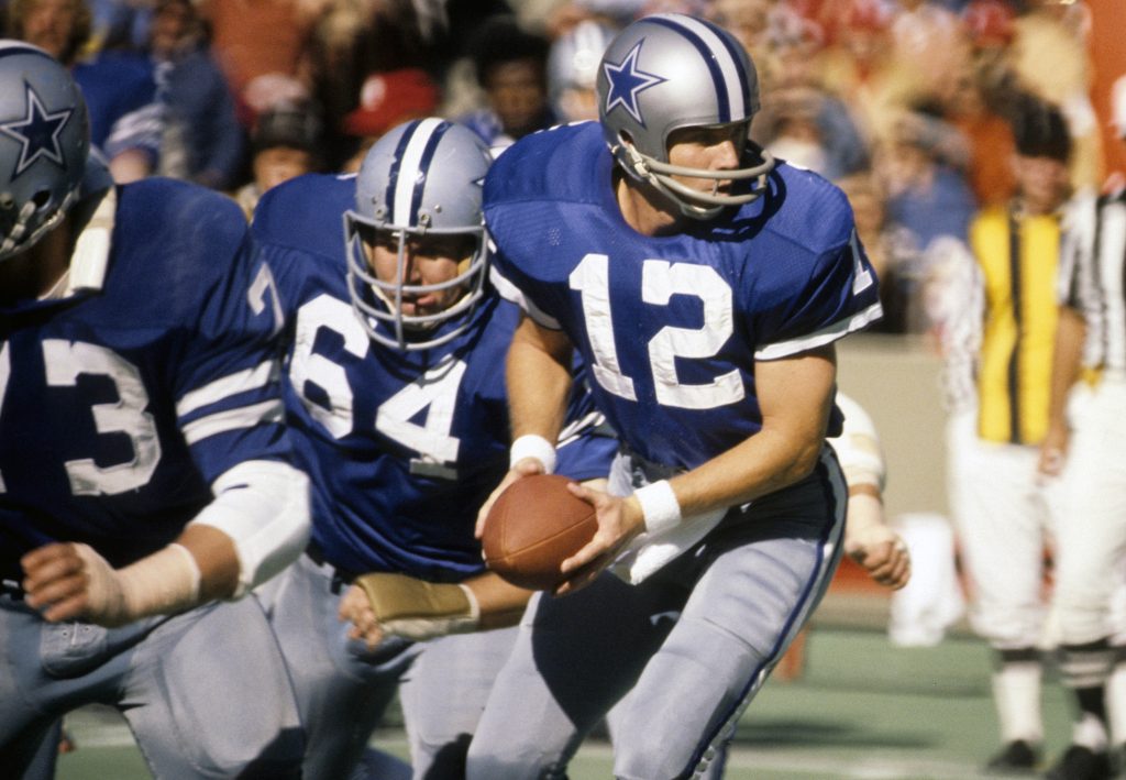Dallas Cowboys quarterback Roger Staubach (12) in action against the St. Louis Cardinals at Busch Stadium. 
