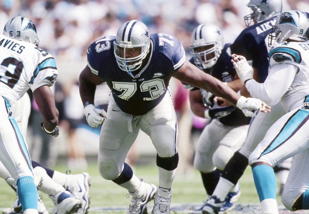 Dallas Cowboys tackle blocking Larry Allen (73) against the Carolina Panthers at Bank of America Stadium. 